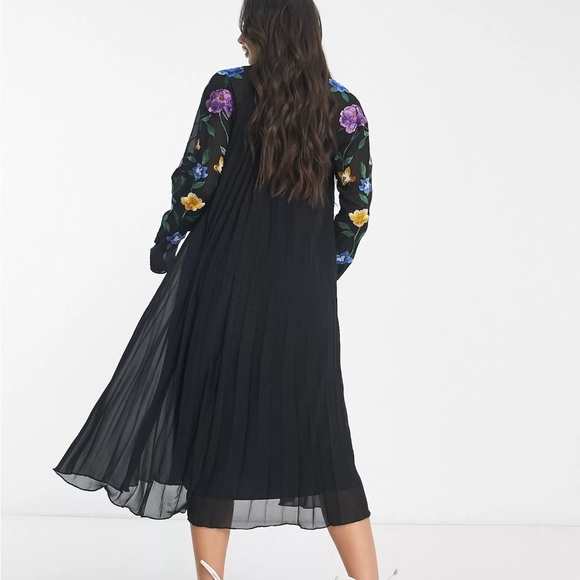 ASOS DESIGN Tall pleated midi shirt dress with embroidered sleeves in black - Picture 3 of 7